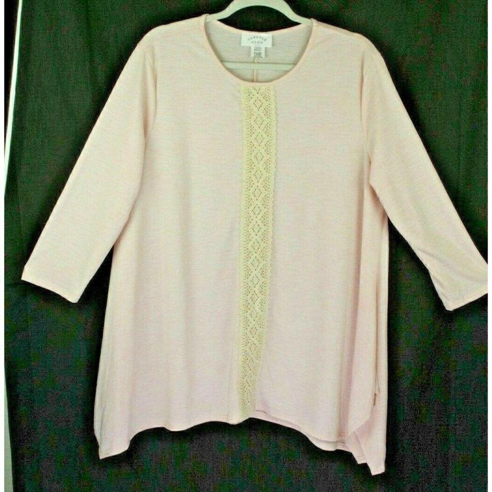 Janette 1X 2X Top Pink Tunic Crochet Lace 3/4